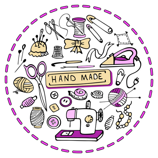 Set of hand-drawn craft supplies and tools. Doodle design elements isolated on white background. Vector illustration - Vector, Image