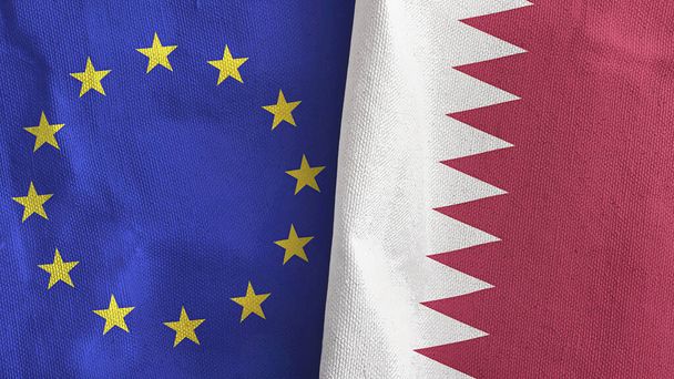 Katar i Unia Europejska dwie flagi tkaniny tekstylne 3D rendering - Zdjęcie, obraz