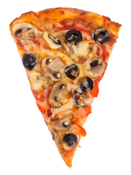 Cogumelo e fatia de pizza de azeitona sobre fundo branco
 - Foto, Imagem
