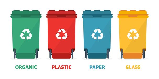Különböző színű újrahasznosítási hulladéktárolók vektor illusztráció, Hulladéktípusok szegregáció újrahasznosítás - Vektor, kép