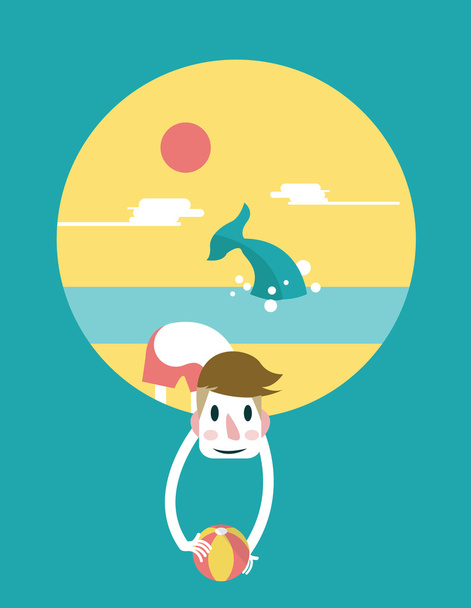 Handsome man hold the beach ball in the ocean background - Vector, Image