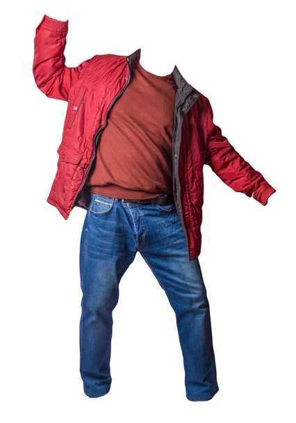red jacket with zipper, red  sweater and blue jeans isolated on white background. casual fashion clothes - Foto, afbeelding