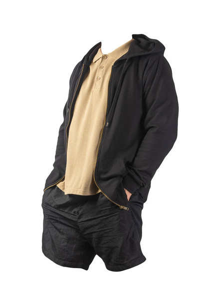 black sweatshirt with iron zipper hoodie,beige polo t-shirt and black sports shorts isolated on white background. casual sportswear - Φωτογραφία, εικόνα