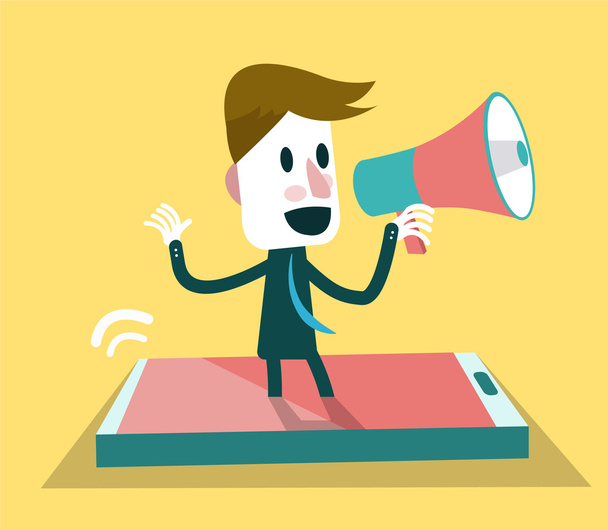 Businessman shouting with loudspeaker from smart phone. - Vector, Image