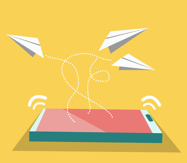 Paper airplane flying from smart phone. - Vector, Image