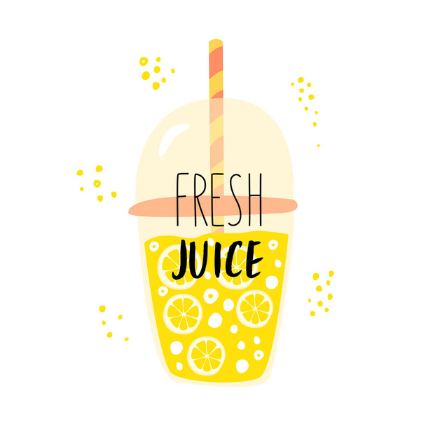 Flat vector cartoon illustration of a juice Cup with the inscription fresh juice - Wektor, obraz