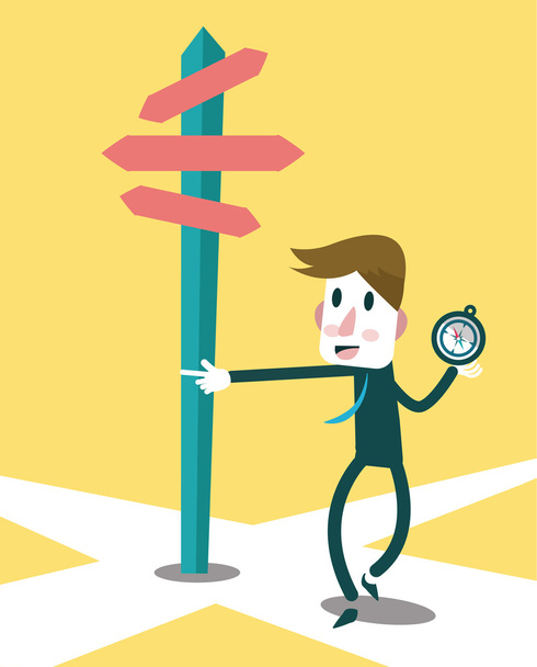 Businessman using compass to navigate the success way. - Vector, Image