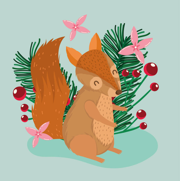 クリスマス小さなリス・ホリーベリーと花冬の動物漫画カード - ベクター画像