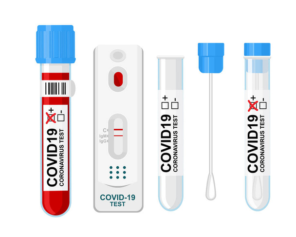 Ensemble de tests COVID-19, test rapide de prélèvement sanguin, tube à essai et prélèvement pour test COVID-19. - Vecteur, image