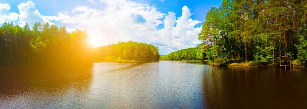 Panoramablick auf eine wunderschöne Natur. Grüner Wald am See. - Foto, Bild