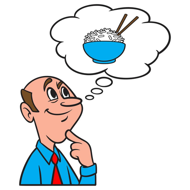 Thinking about a Bowl of Rice - A cartoon illustration of a man thinking about a Bowl of Rice. - Vetor, Imagem