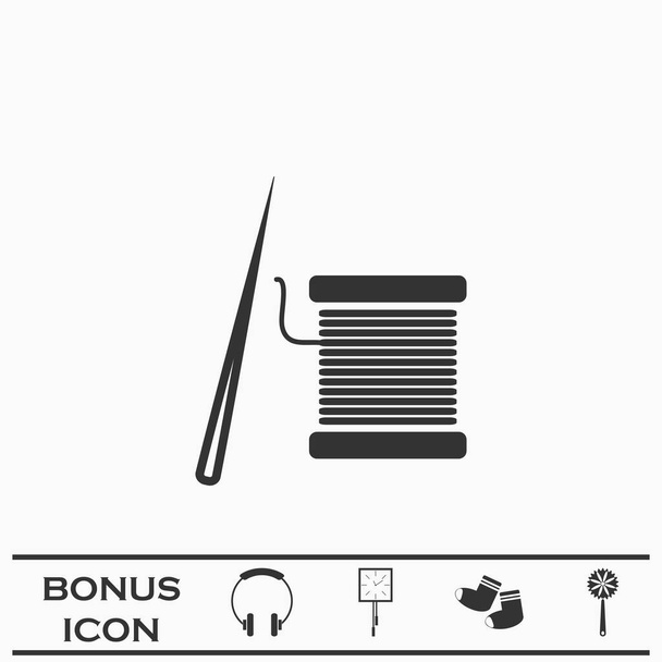 Fadenspule und Nadelsymbol flach. Schwarzes Piktogramm auf weißem Hintergrund. Vektorillustration Symbol und Bonus-Taste - Vektor, Bild