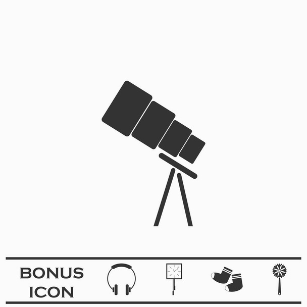 望遠鏡のアイコンフラット。白い背景の黒いピクトグラム。ベクターイラストのシンボルとボーナスボタン - ベクター画像