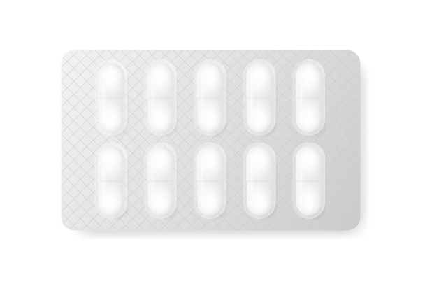 Mockup s pilulkou léku kapsle na bílém pozadí. Bílé pozadí. Izolovaná ikona vektoru. Šablona pro lékařský design. Vektorová ilustrace - Vektor, obrázek