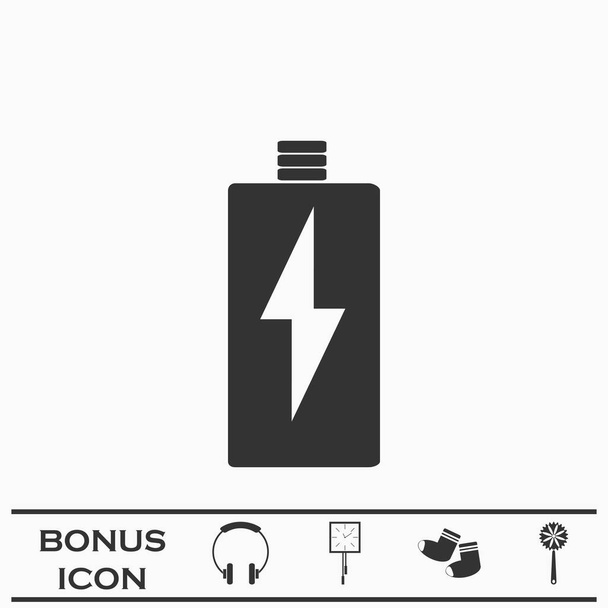 Ikona ładowania baterii płaska. Czarny piktogram na białym tle. Symbol ilustracji wektora i przycisk bonusowy - Wektor, obraz