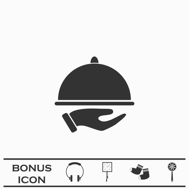Ресторан закрывает в руке икону официанта. Черная пиктограмма на белом фоне. Векторный символ иллюстрации и бонусная кнопка - Вектор,изображение