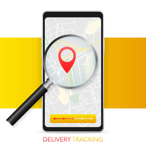 Geo map and zoom lens. Delivery tracking. City map on color background. Mobile app. Vector illustration - Vector, Image