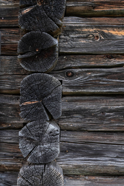 Wooden log cabin or felling  Rustic texture or background. Aged wood wall and boards - Photo, Image