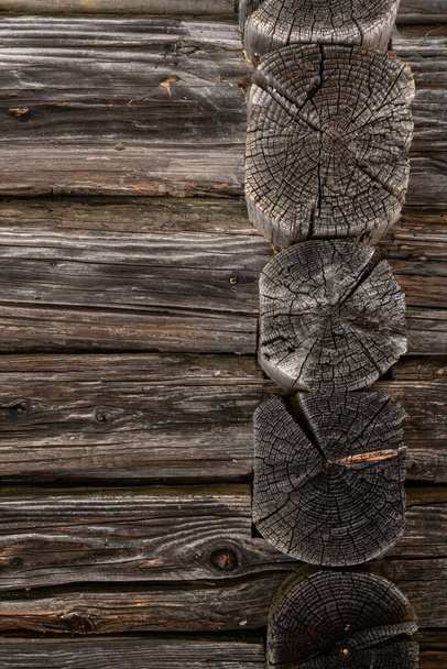 Wooden log cabin or felling  Rustic texture or background. Aged wood wall and boards - Foto, Imagem