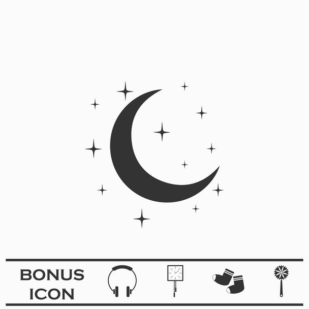 Ночная икона плоская. Черная пиктограмма на белом фоне. Векторный символ иллюстрации и бонусная кнопка - Вектор,изображение