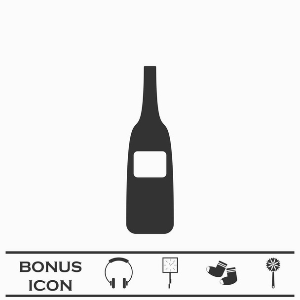Значок бутылки вина плоский. Черная пиктограмма на белом фоне. Векторный символ иллюстрации и бонусная кнопка - Вектор,изображение