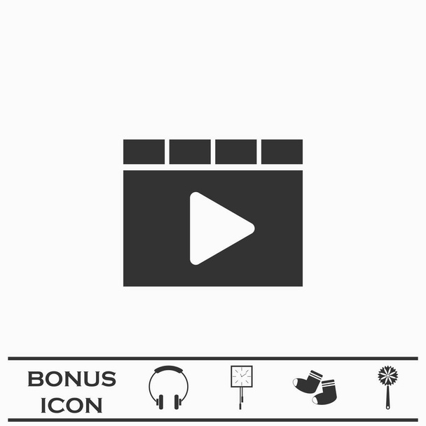 Иконка браузера видеоплеера плоская. Черная пиктограмма на белом фоне. Векторный символ иллюстрации и бонусная кнопка - Вектор,изображение