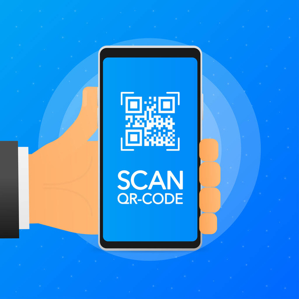 Hand holds phone with scan qr code on screen. Phone on blue background. Vector illustration - Vector, Image