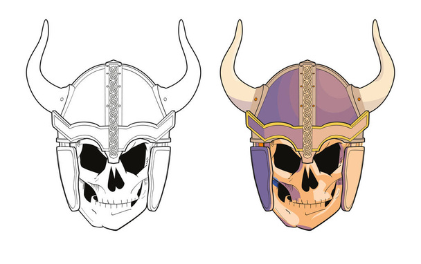 Набор из двух векторных иллюстраций черепа со шлемом викинга, изолированных на белом - Вектор,изображение