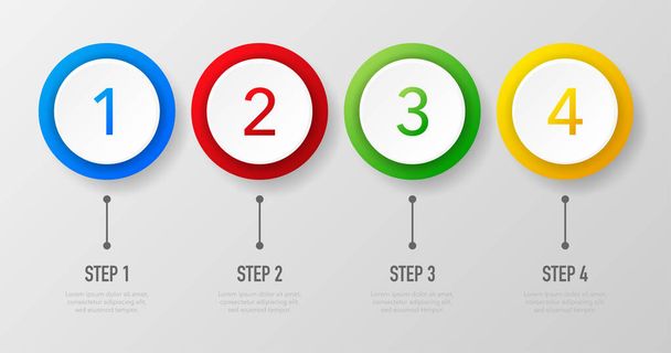 Infográficos com 1, 2, 3 e 4 passos de cores diferentes sobre fundo branco. Ilustração vetorial - Vetor, Imagem