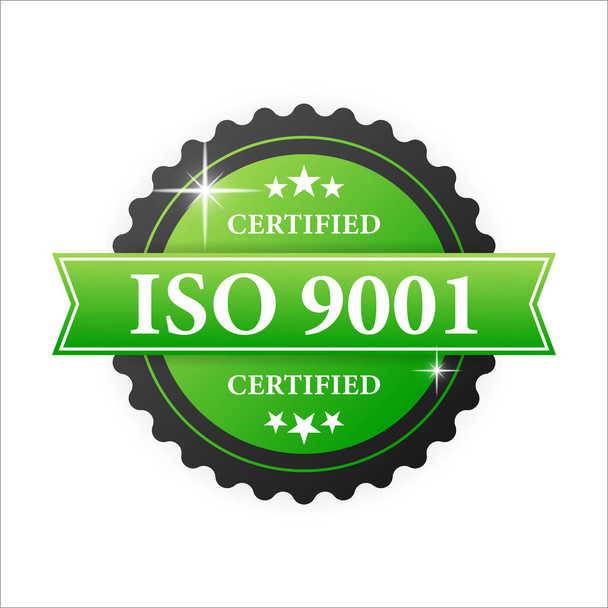 ISO tanúsított 9001 zöld gumibélyegző zöld gumi fehér alapon. Reális tárgy. Vektorillusztráció - Vektor, kép