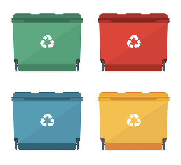 Mülltonnen in verschiedenen Größen und Farben mit einem Recyclingschild. Vektorillustration - Vektor, Bild