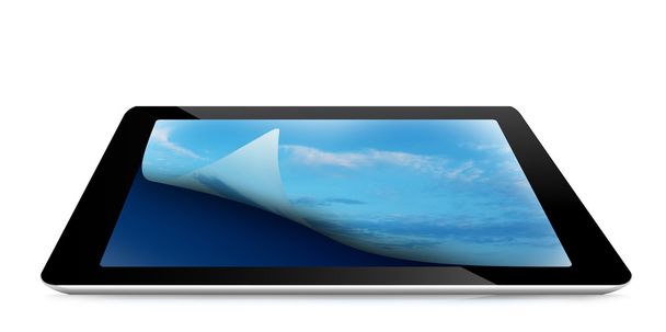 digitaler Tablet-PC mit bewölktem Himmel auf dem Bildschirm - Foto, Bild