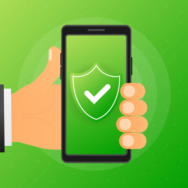 Hand holds phone with secure sign on screen on green background. Vector illustration - Vector, Image