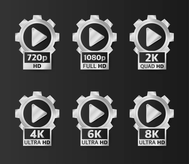 Video Insignias de calidad en color plata sobre fondo negro. Hd, Full Hd, 2K, 4K, 6K y 8K. Ilustración vectorial. - Vector, Imagen