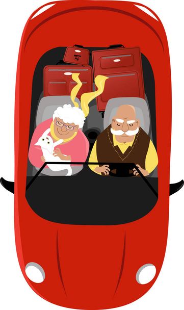 Casal idoso dirigindo um carro conversível com seu animal de estimação e bagagem, vista de cima, ilustração vetorial EPS 8 - Vetor, Imagem