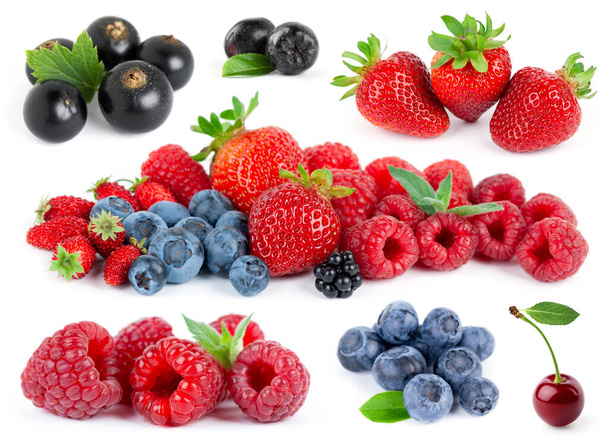 Fruits. Collection of berries on white background. Strawberry, blueberry, black currant, cherry and raspberry. - Фото, изображение
