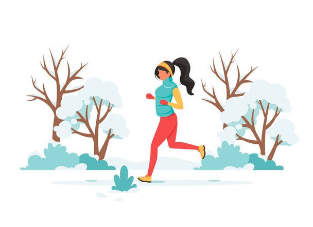 Donna che fa jogging nel parco. Attività all'aperto invernale. Illustrazione vettoriale. - Vettoriali, immagini