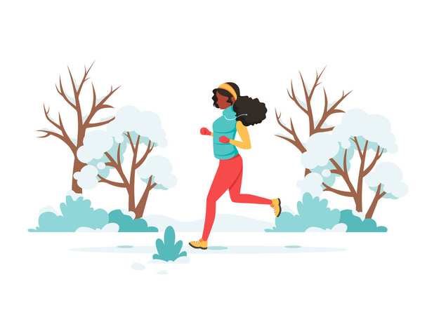 Una donna nera che fa jogging nel parco. Attività all'aperto invernale. Illustrazione vettoriale. - Vettoriali, immagini
