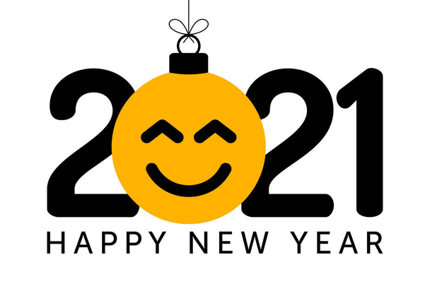 Greeting card for 2021 new year with smiling emoji face that hangs on thread like a christmas toy, ball or bauble. New year emotion concept vector illustration - Vector, Image
