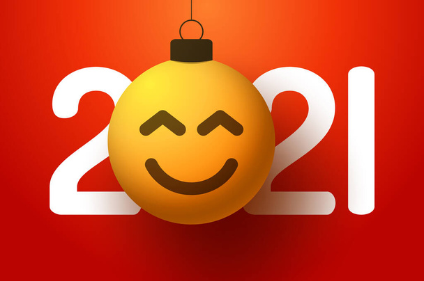 Kartka powitalna na 2021 rok z uśmiechniętą emotką, która wisi na nitce jak świąteczna zabawka, piłka czy bombka. Nowy rok emocje koncepcja wektor ilustracja - Wektor, obraz