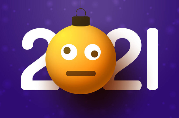 Üdvözlőlap 2021-re, összezavarodott emoji arccal, ami úgy lóg a cérnán, mint egy karácsonyi játék, labda vagy csecsebecse. Újévi érzelem koncepció vektor illusztráció - Vektor, kép