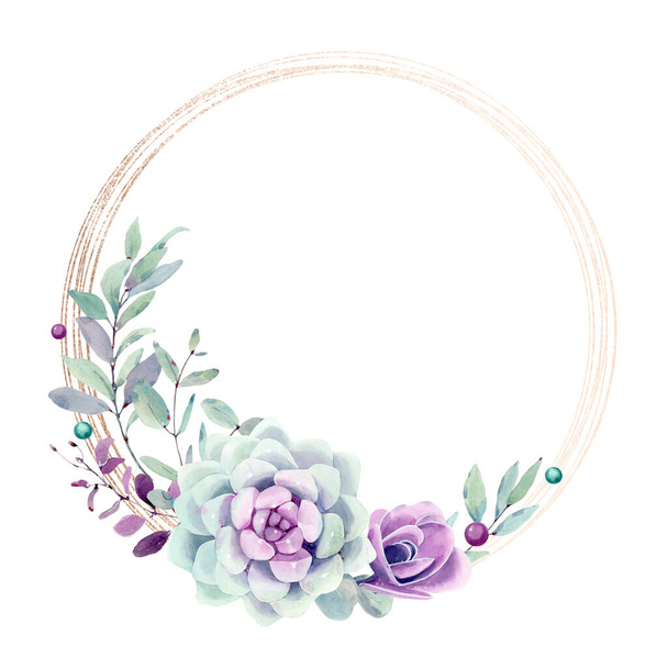 watercolor flower circle frame. Perfect for invitation, wedding or greeting cards. - Фото, зображення