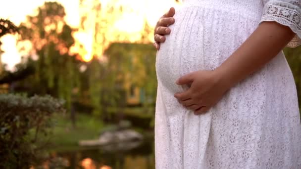 Έγκυος γυναίκα αισθάνεται ευτυχισμένος στο σπίτι κήπο. - Πλάνα, βίντεο