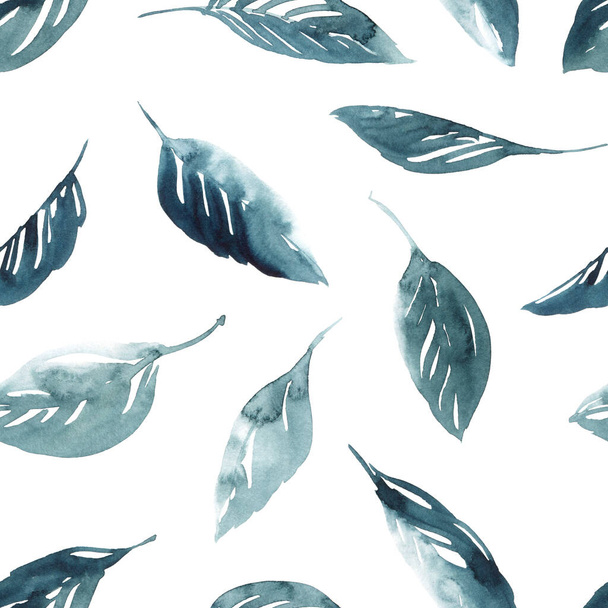 Акварель и чернила иллюстрируют листья деревьев в стиле суми-э, у-син. Восточная традиционная живопись. Бесшовный рисунок. - Фото, изображение