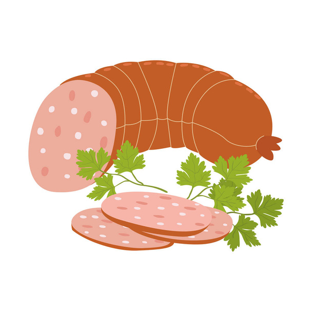 Illustration vectorielle plate de la saucisse de mortadelle de Bologne. Délices de viande, tranches de saucisse de porc italienne bouillie Bologne sur fond blanc. - Vecteur, image