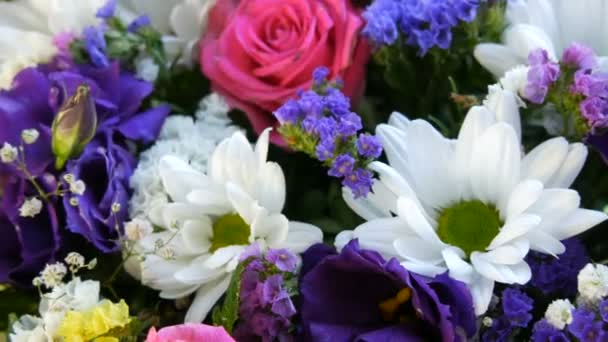 Un beau bouquet élégant de diverses fleurs multicolores de marguerites, roses, fleurs séchées. Bouquet de mariée festif de fleurs blanches, roses, bleues, violettes, jaunes - Séquence, vidéo