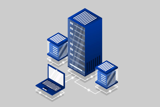 Mainframe, powered server, high technology concept, data center, cloud data storage isometric vector illustration ultraviolet background - Wektor, obraz