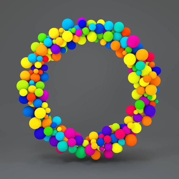 Frame made of balls. Square format background. Festive banner. Greeting card made of colored balloons. 3d rendering - 写真・画像