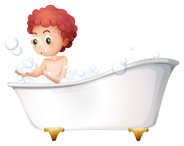 ein kleiner Junge spielt in der Badewanne, während er ein Bad nimmt - Vektor, Bild