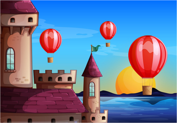 Возле замка плавающие воздушные шары
 - Вектор,изображение